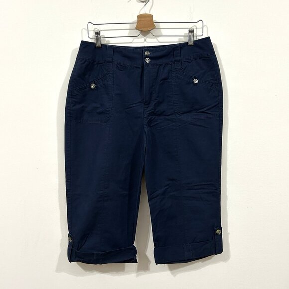 CHRISTOPHER & BANKS Capris Womens 10 Navy Cotton Linen Adjustable Length Crop - Picture 1 of 11